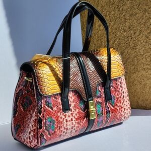 Women Embossed Snakeskin Evening Leather Pink Shoulder Top Handle Handbag